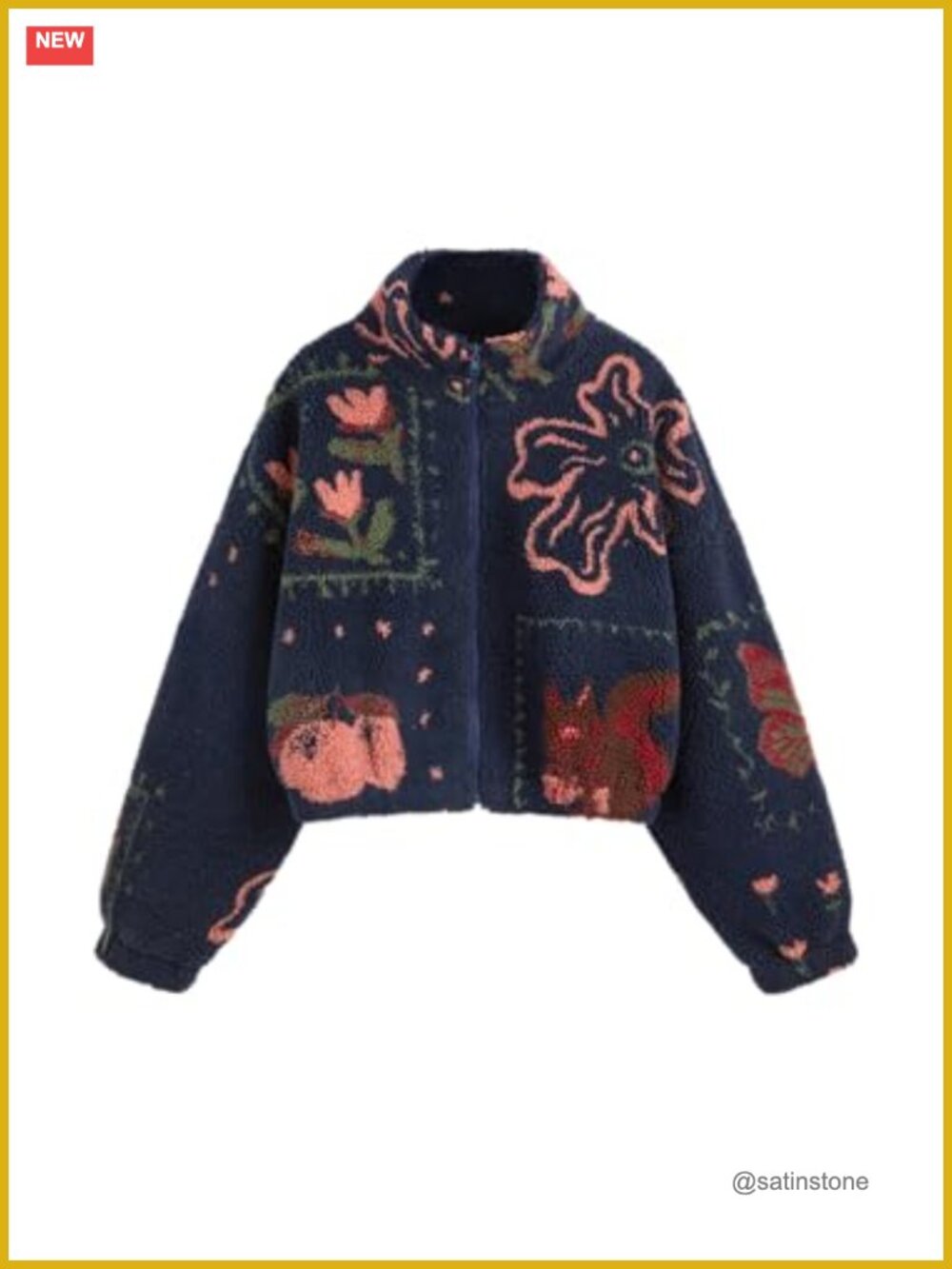 Women's Cropped Sherpa Fleece Jacket Zipper Floral Winter